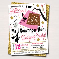 Fashion Invite, Sleepover Invite, Mall Scavenger Hunt, Scavenger Hunt Party, Teen Birthday Party, Leopard Birthday, Scavenger Hunt Birthday, Princess Invitation, Fashion Birthday