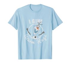 a blue t - shirt that says i give frozen hugs with an image of a cartoon character