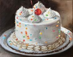 a painting of a white cake with sprinkles and a cherry on top