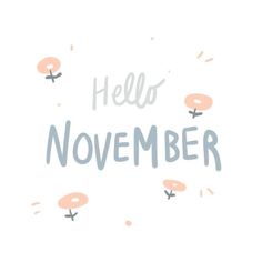 the words hello november written in grey and pink on a white background with donuts