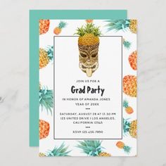 a pineapple themed wedding card with a skull in the center, surrounded by pineapples