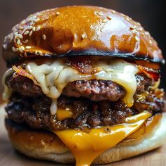 a cheeseburger is sitting on a wooden table