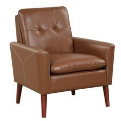 a brown leather chair with wooden legs