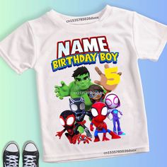 a t - shirt that says name birthday boy with cartoon characters on it