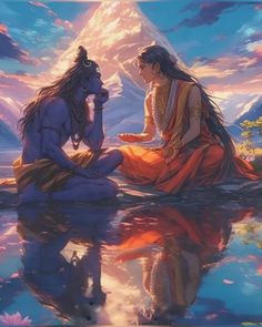 two people are sitting on the ground in front of water and mountains, one is looking at another person's face