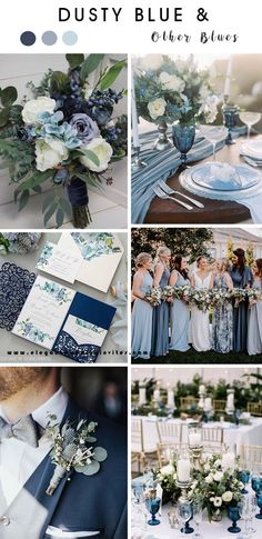 blue and white wedding color palettes for the bride's bouquet, groomsmid suit