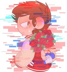 a boy holding a bouquet of flowers in his hands