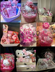 many different pictures of hello kitty products in baskets