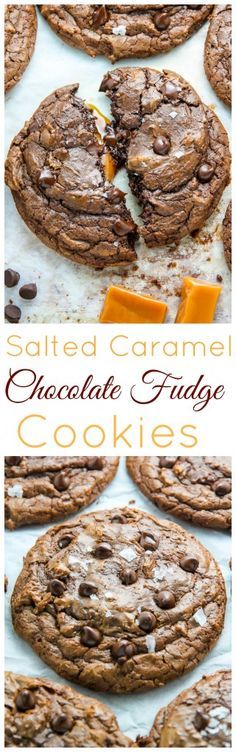 chocolate cookies are cut in half and stacked on top of each other with the words salted caramel chocolate fudge cookies