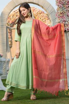 Pista Green Kurta Dupatta Set,Fabric -Rayon Work-Handwoven,Work type-Handloom,wash care-Dryclean, Color-Pista green,Sleeve-3/4, Neck type-Round , Occasion-Festive Product Features: Color: Pista Green Fabric: Cotton Work: Gota Work Neckline: Round Neck Dupatta: With Dupatta Package Content: Kurta, Bottom and Dupatta Occasion: Festival Disclaimer: There will be slight difference in digital to actual image Pista Green Suit, Anarkali Kurta Set, Cotton Anarkali Suits, Different Sleeves Style, Green Anarkali, The Secret Label, Pista Green, Sea Green Color, Suit Pin