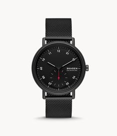 This 44mm Kuppel features a black sandblast dial  two-hand sub-second color pop movement and black stainless steel mesh strap. The watch strap is interchangeable. Stainless Steel Mesh, Steel Mesh, Skagen, Black Stainless Steel, Steel Watch, Stainless Steel Watch, Glass Material, Watch Strap, Stainless Steel Case