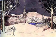 a drawing of a snowy landscape with trees