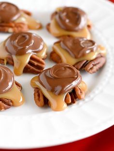 chocolate covered cookies on a white plate with pecans and caramel drizzle