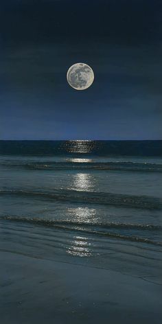 the full moon shines brightly over the ocean