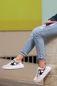 Adorable sneakers with a super comfy insole! You're going to love these! - Faux leather - Whole sizes only, size up if between sizes Star Sneakers, Latest Sneakers, Sperry Sneaker, Comfortable Sneakers, Black Star, Sneaker Collection, Trendy Colors, Vans Classic Slip On Sneaker, Up Styles