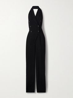 Sergio Hudson's tailored jumpsuit is sophisticated and chic. Made from pinstriped twill, it has a double-breasted profile with notch lapels and a halter neckline and floor-grazing hems. Chic Fitted Jumpsuits And Rompers With Vertical Stripes, Chic Striped Jumpsuits And Rompers For Work, Sergio Hudson, Tailored Jumpsuit, Velvet Jumpsuit, Tuxedo Dress, Halter Neckline, Clothes Collection, Elegant Outfit