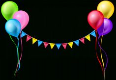 colorful balloons and streamers on a black background