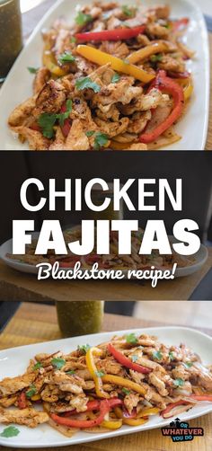 chicken fajitas with peppers and onions on a white platter, next to the recipe