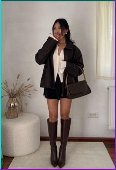 outfit idea, school girl outfit, new york outfit, knee high boots, knee high boots outfit, professional outfits, cute outfit, trendy fits, trendy shoes How To Style Brown Knee High Boots, Brown Girl Outfit Ideas, Old Money Boots Outfit, Boots Outfit Night Out, Brown Boots Black Outfit, Boots On Dress, Tall Dark Brown Boots Outfit, Brown Leather Knee High Boots Outfit, Leather Skirt Knee High Boots Outfit