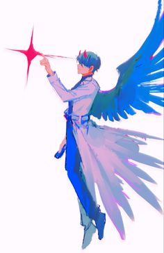 an anime character with blue and pink wings holding a red star in his hand while looking at the sky