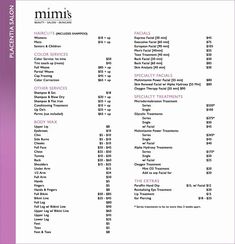 the menu for mimi's beauty salon in pink and white with numbers on it