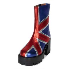 Showcase your UK pride with these vibrant multi-color round-toe United Kingdom flag platform chunky boots. It has a bold design, a comfortable fit, and a statement-making addition to any outfit. Color: Multicolor Heel Type: Chunky heel Heel Height: 3.15" / 80 mm approx Platform Height: 1.77'' / 45 mm approx Product measurements were taken using size 8. Please note that measurements may vary by size. Toe: Round toe United Kingdom flag pattern patchwork design Back-zipped design Handcrafted US sizing. Fits true to size. Platform Chunky Boots, Clear Heel Boots, United Kingdom Flag, Kitten Heel Boots, Platform Boots Chunky, Metallic Boots, Thigh High Boots Heels, Green Heels, Uk Flag