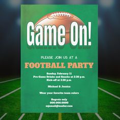 a football party poster with the words game on