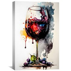 a painting of a glass of wine with grapes on the side and watercolor splashes