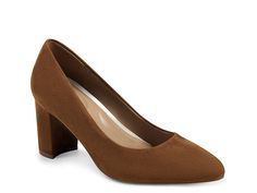 Saw this at DSW! Elegant Brown Heels With Cushioned Footbed, Brown Block Heels With 4-inch Heel For Formal Occasions, Aerosoles Camera, Aerosoles Black Boots, Medium Width Pumps With 4-inch Heel, Vintage Brown Retro Closed-toe Heels, Aerosoles Shoes, Calf Hair, Brown Suede