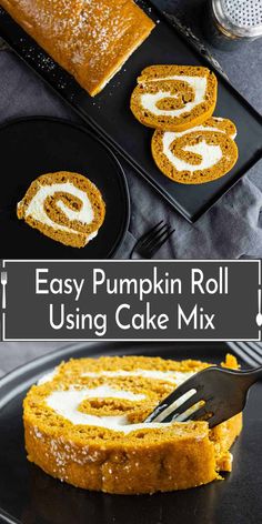 an easy pumpkin roll using cake mix on a black plate with a fork in it