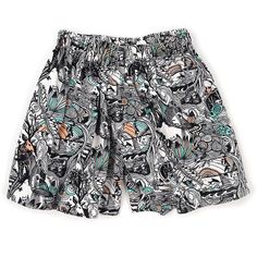 a black and white shorts with an image of skulls on it