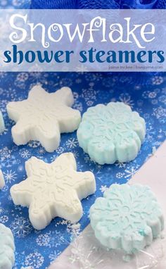 snowflake shower steamers on a blue and white background with text overlay