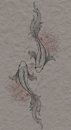 a drawing of two fish with flowers on it's back and one in the middle