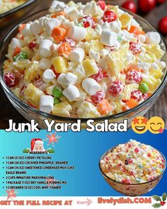 an advertisement for junk yard salad with candy and marshmallows