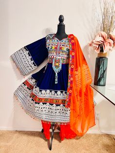 Long Sleeve Blue Dress For Festivals, Blue Long Sleeve Dress For Festivals, Traditional Orange Tunic Dress, Orange Embroidered Dresses For Festivals, Traditional Long Sleeve Orange Dress, Orange Embroidered Dress For Festivals, Traditional Orange Long Sleeve Dress, Orange Embroidered Festival Dress, Afghan Dresses Modern