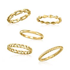 Ross-Simons - 18kt Gold Over Sterling Jewelry Set: Five Stackable Rings. Size 7. This set of five on-trend rings puts endless opportunity for stunning stacks at your very fingertips! Includes twisted, curb-link, paper clip link, diamond-shaped and polished bands, handcrafted in 18kt yellow gold over sterling silver. 1/2" wide when worn together. 18kt gold over sterling stackable ring set. Trend Rings, Stackable Ring Sets, Gold Rings Stackable, Sterling Jewelry, Stackable Ring, Diamond Shaped, Stackable Rings, Paper Clip, Ring Set