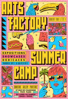 an advertisement for the art factory summer camp, with colorful images and words on it