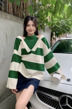 V-Neck Fake Two Striped Sweater – Nada Outfit Land Green Retro Winter Tops, Retro Green Winter Tops, Halter Sweater, Sweater Vest Outfit, Baby Tees Y2k, Y2k Baby Tee, Stylish Sweaters, Women Sweaters, Sweater Collection