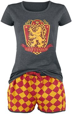 a women's harry potter t - shirt and shorts set with the crest on it