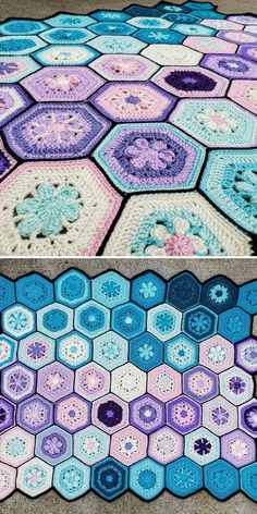 crocheted hexagon rugs are shown in two different colors, one blue and the other pink