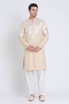 Beige kurta featuring silk resham embroidery in geometric pattern. Comes with a pant. - Aza Fashions Unstitched Long Sleeve Kurta With Geometric Embroidery, Straight Kurta With Geometric Embroidery For Transitional Season, Designer Long Sleeve Kurta With Geometric Embroidery, Transitional Straight Kurta With Geometric Embroidery, Designer Beige Kurta For Festive Occasions, Designer Festive Beige Kurta, Designer Beige Festive Kurta, Fitted Traditional Wear With Geometric Embroidery For Transitional Season, Fitted Traditional Wear With Geometric Embroidery