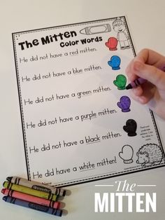 the mitten color words worksheet with crayons and crayon pencils