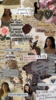 a collage with many different pictures and words on it's side, including an image of a woman