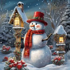 a snowman with a red hat and scarf standing in the snow next to a birdhouse