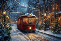 a painting of a trolley on a snowy street with christmas trees and lights in the background