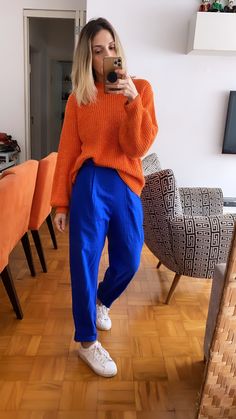 Color Blocking Casual Outfits, Orange Color Blocking Outfit, Colorful Casual Outfits Spring Summer, Bright Casual Outfits, Bright Office Outfits, Colorful Wardrobe Aesthetic, Royal Blue Trousers Outfit, Color Combos For Clothes, Colorful Professional Outfits