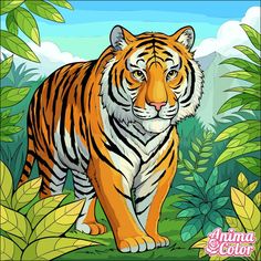 a tiger is walking through the jungle with trees and bushes in the background, coloring book page