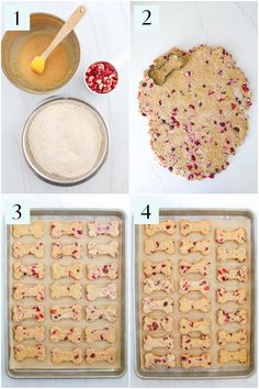 four pictures showing how to make dog treats in the oven and then using them as desserts