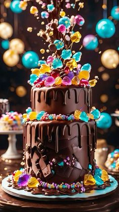 a three layer chocolate cake with colorful decorations