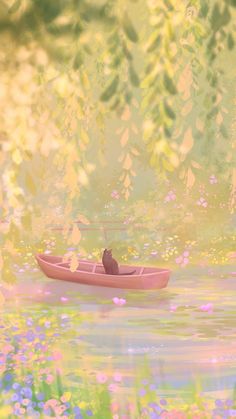 a person in a pink boat floating on top of a lake surrounded by trees and flowers